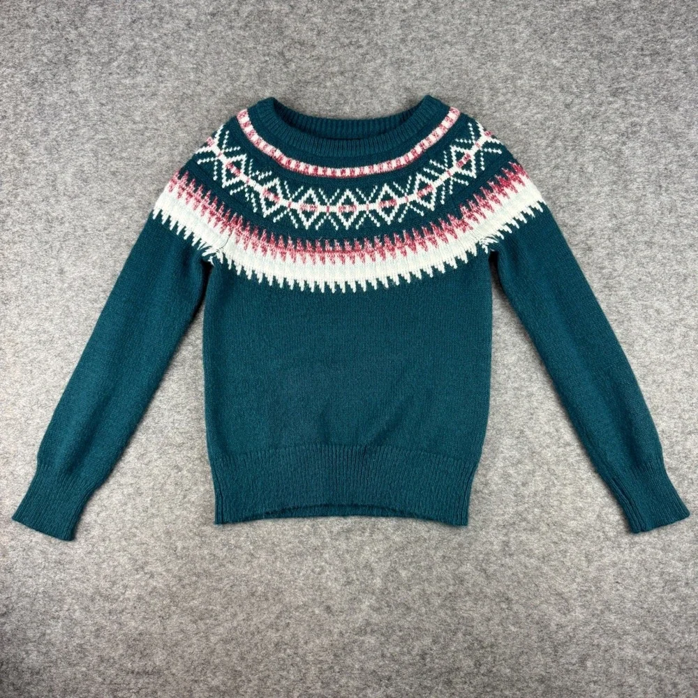 Maurices Womens XS Teal Blue Fair Isle Knit Crewneck Sweater Nordic Geometric